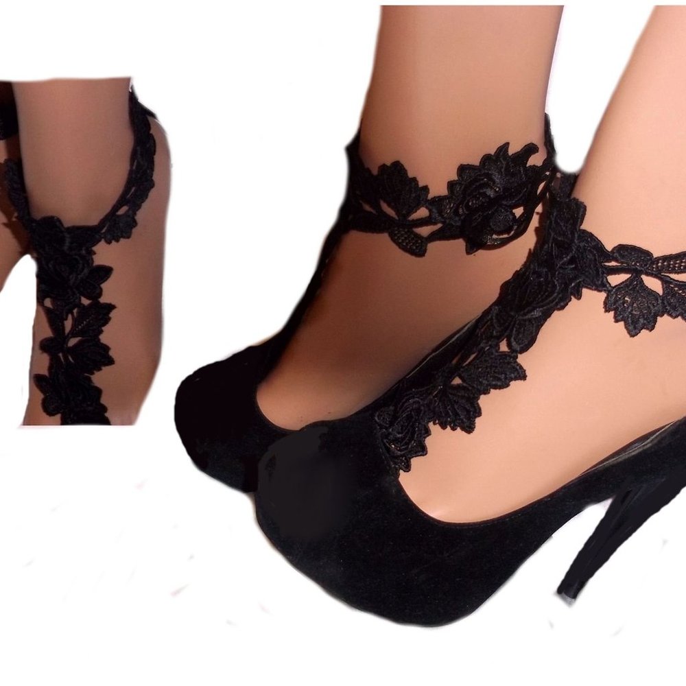 Black Lace Barefoot Sandals, Black Bottomless Sandals